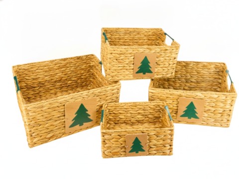 Bespoke Rectangular Havana-Weaving Water Hyacinth Holiday Baskets with Green Jute Details- Set of 4